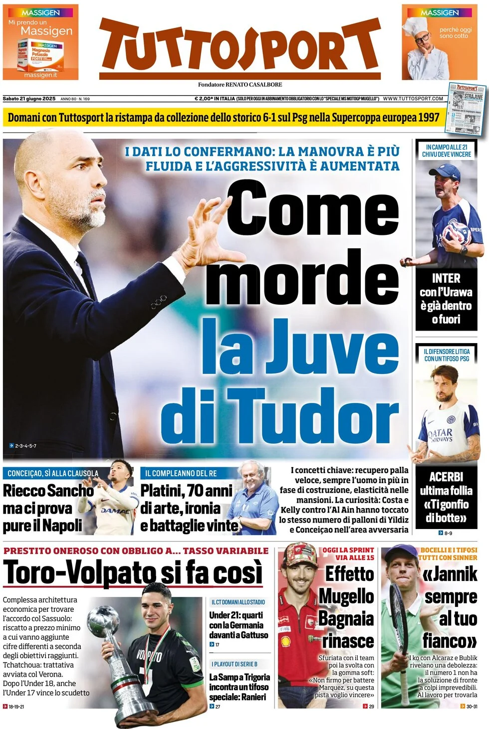 anteprima della prima pagina di tuttosport del 21/06/2025