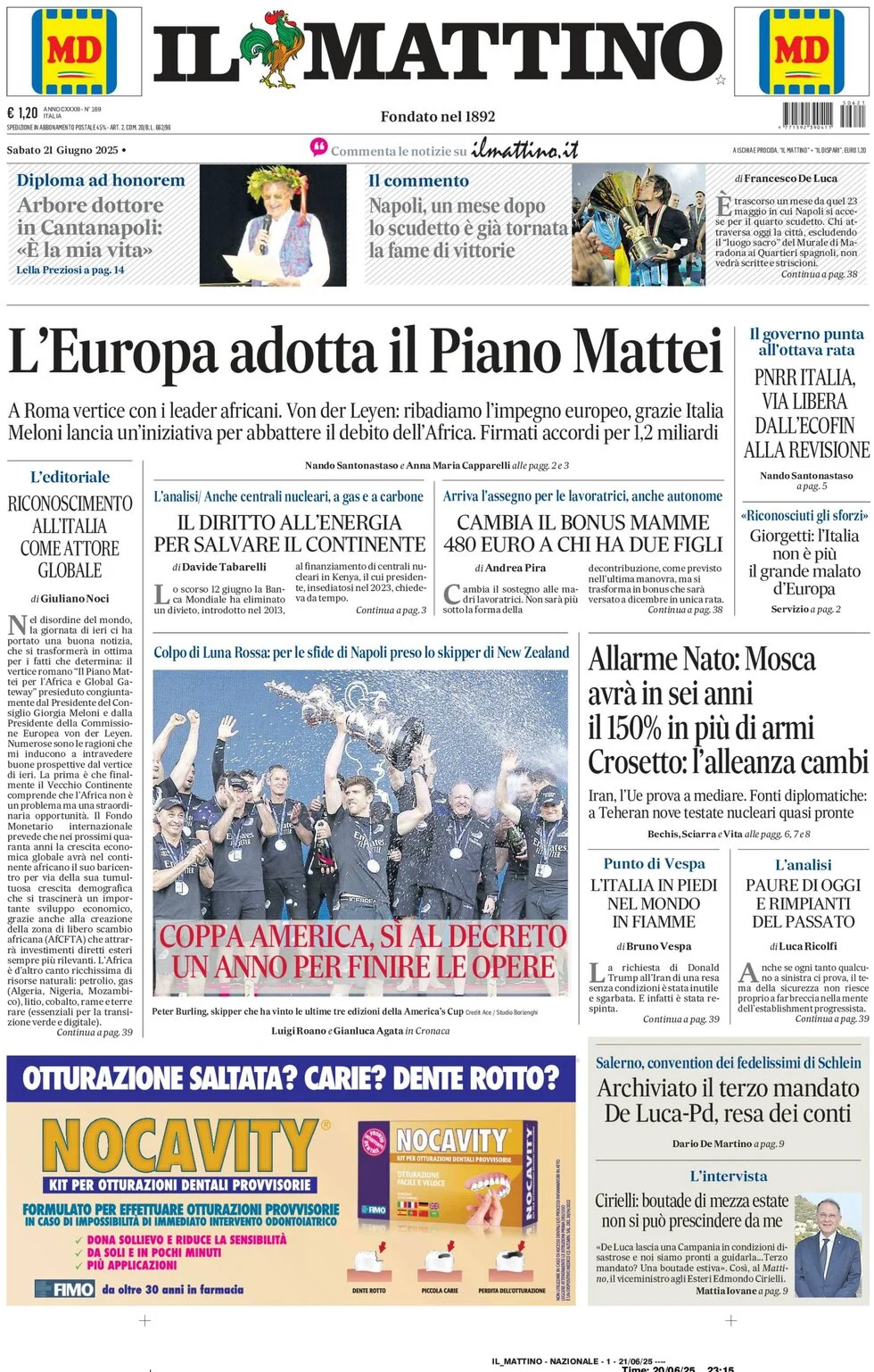 anteprima della prima pagina di il-mattino del 21/06/2025