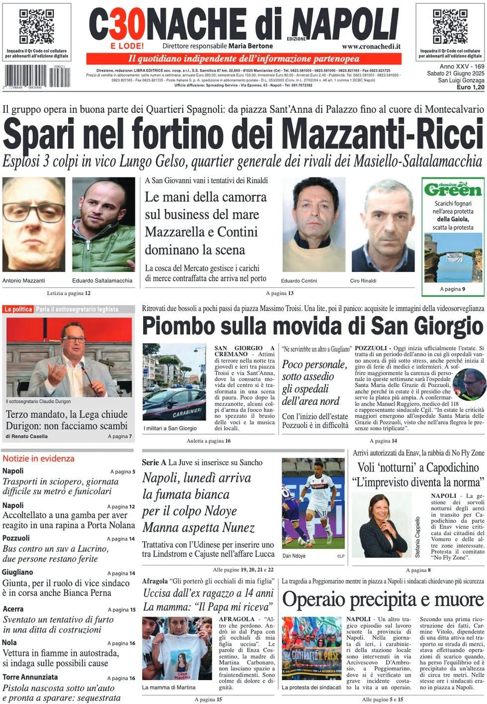 anteprima della prima pagina di cronache-di-napoli del 21/06/2025