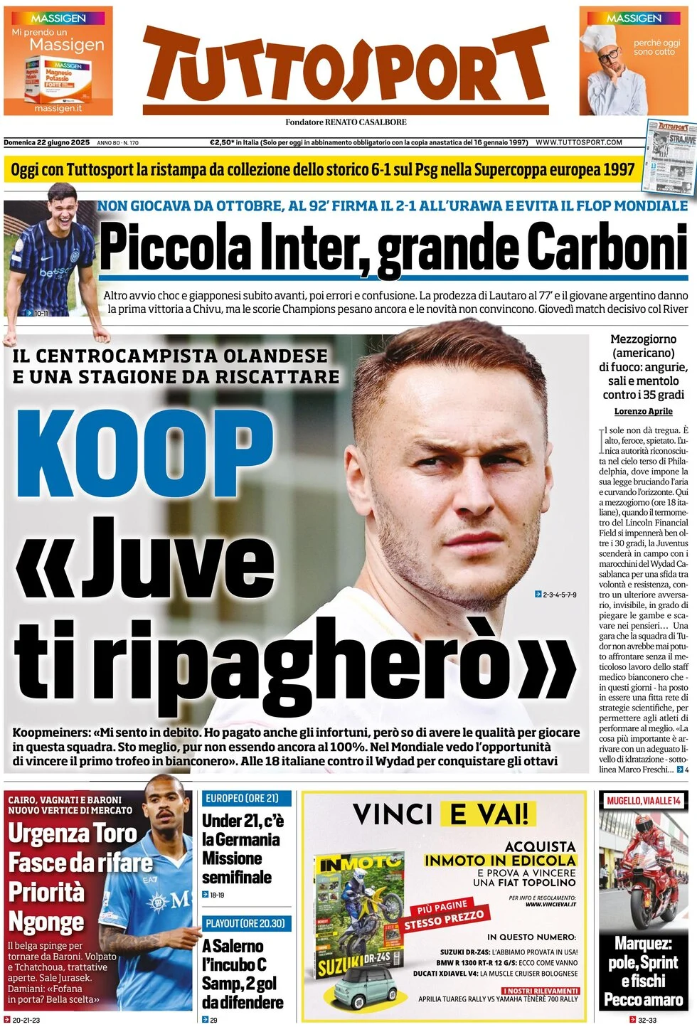 anteprima della prima pagina di tuttosport del 22/06/2025