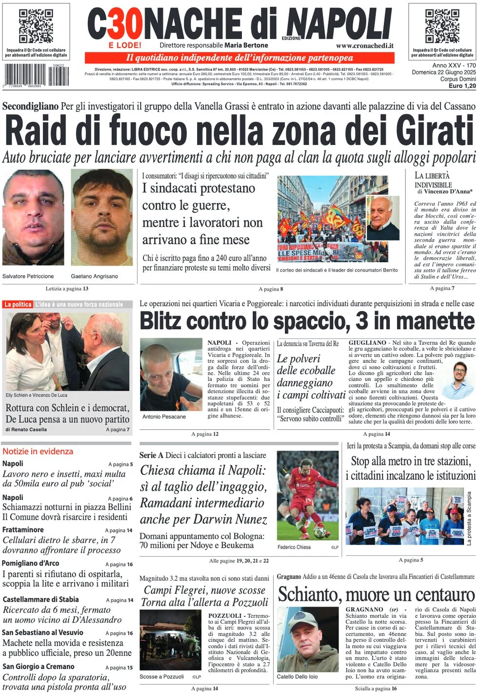 anteprima della prima pagina di cronache-di-napoli del 22/06/2025