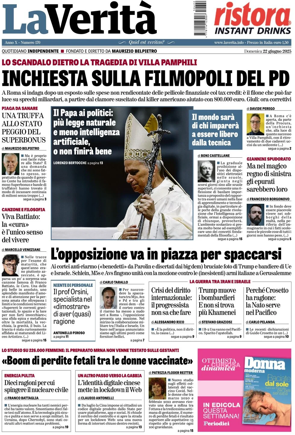anteprima della prima pagina di la-verit del 22/06/2025
