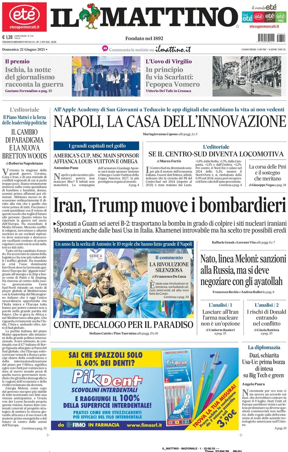 anteprima della prima pagina di il-mattino del 22/06/2025