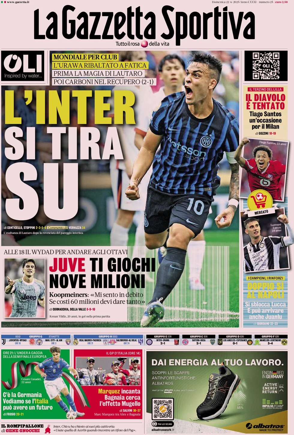 anteprima della prima pagina di la-gazzetta-dello-sport del 22/06/2025