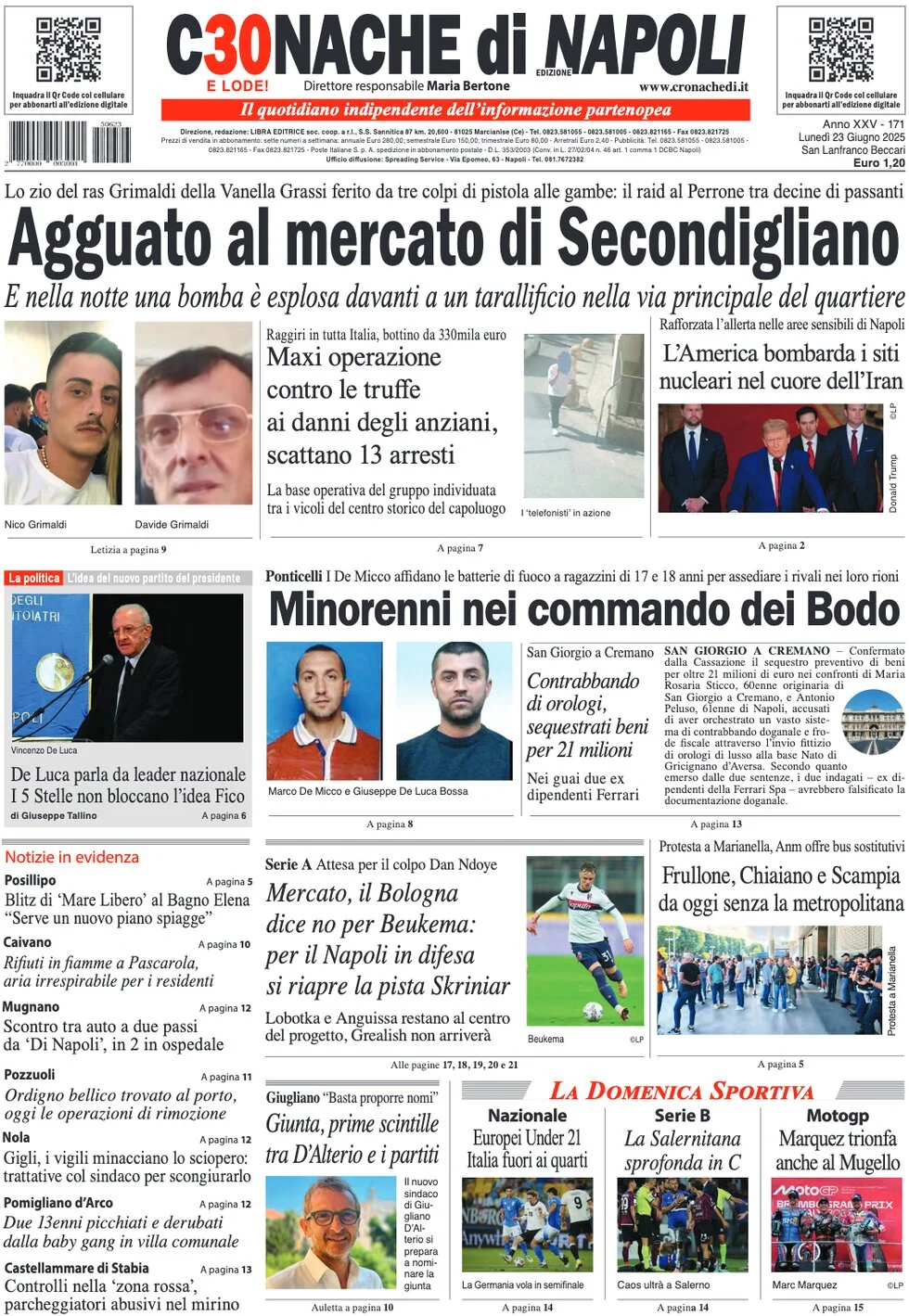 anteprima della prima pagina di cronache-di-napoli del 23/06/2025