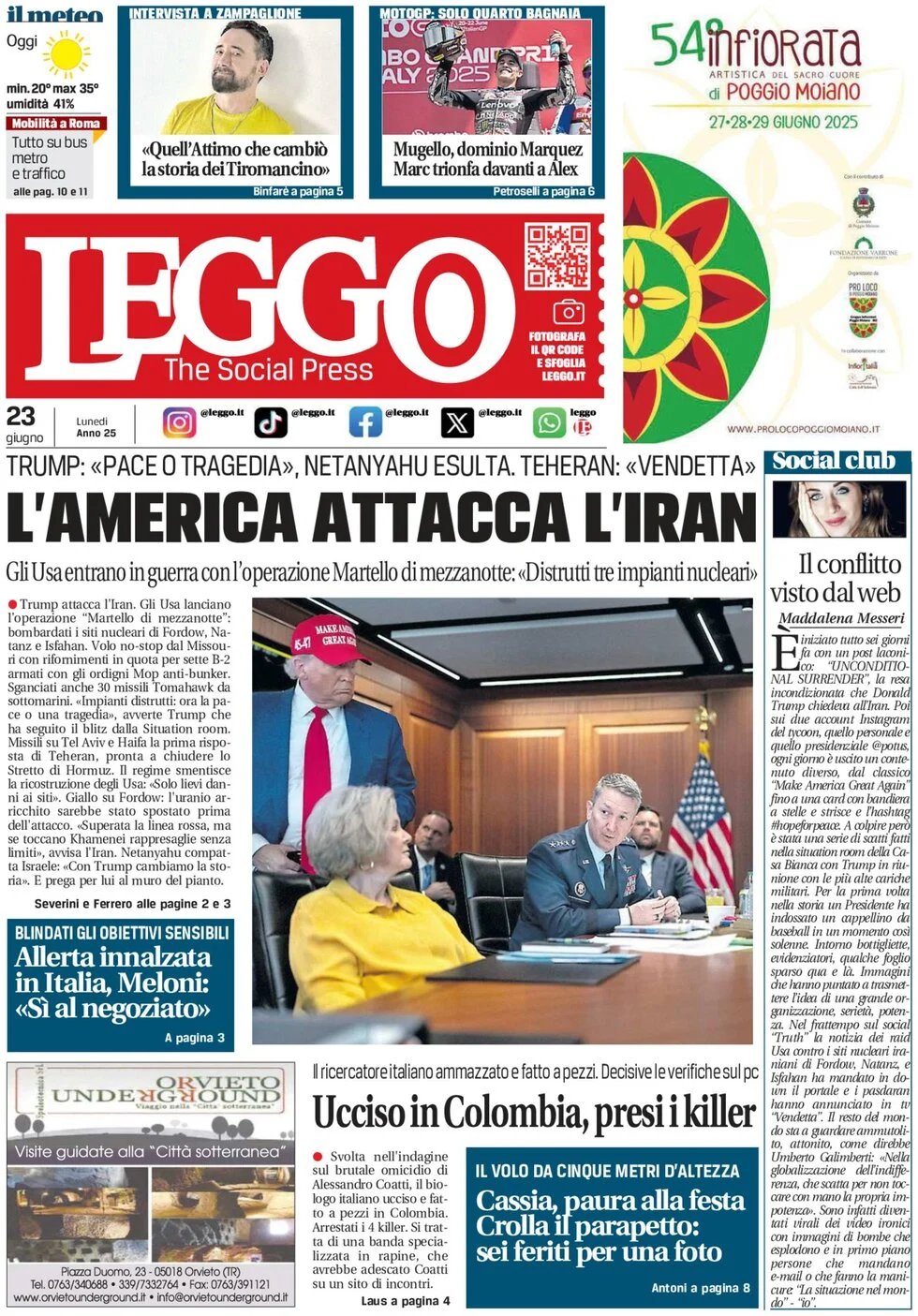 anteprima della prima pagina di leggo-roma del 23/06/2025
