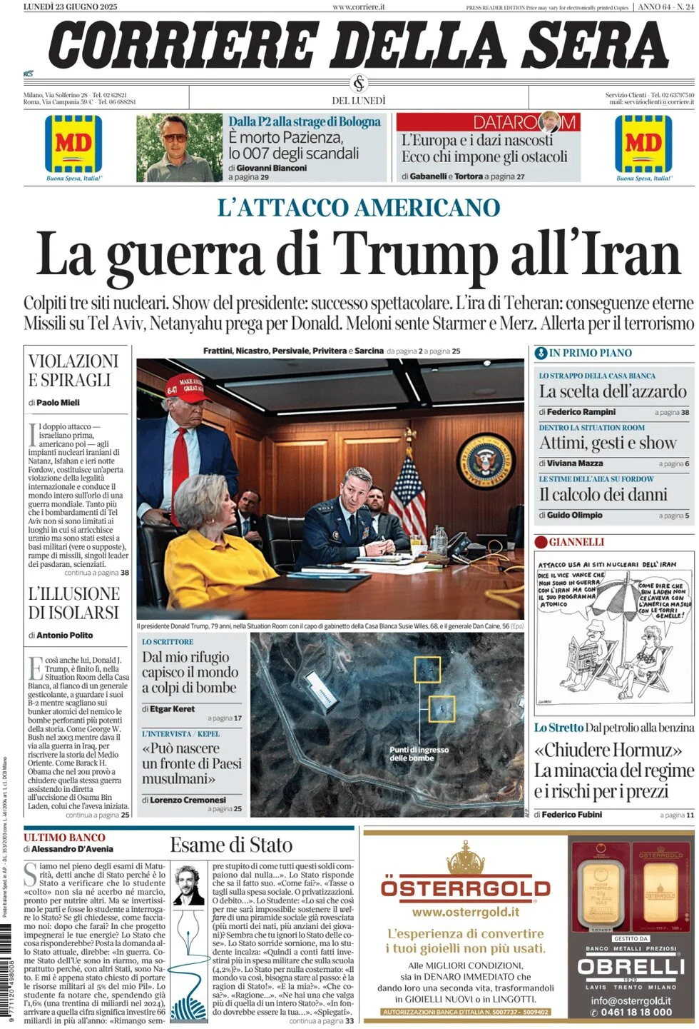 anteprima della prima pagina di corriere-della-sera del 23/06/2025