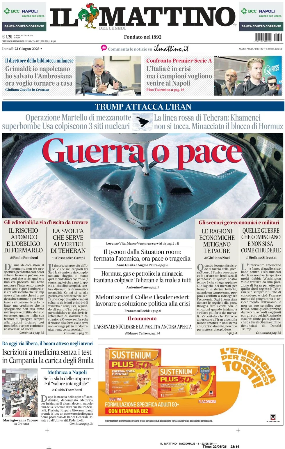 anteprima della prima pagina di il-mattino del 23/06/2025