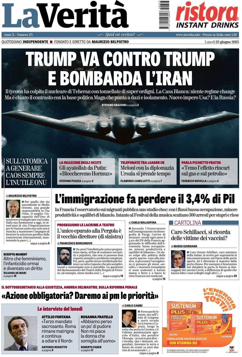 anteprima della prima pagina di la-verit del 23/06/2025