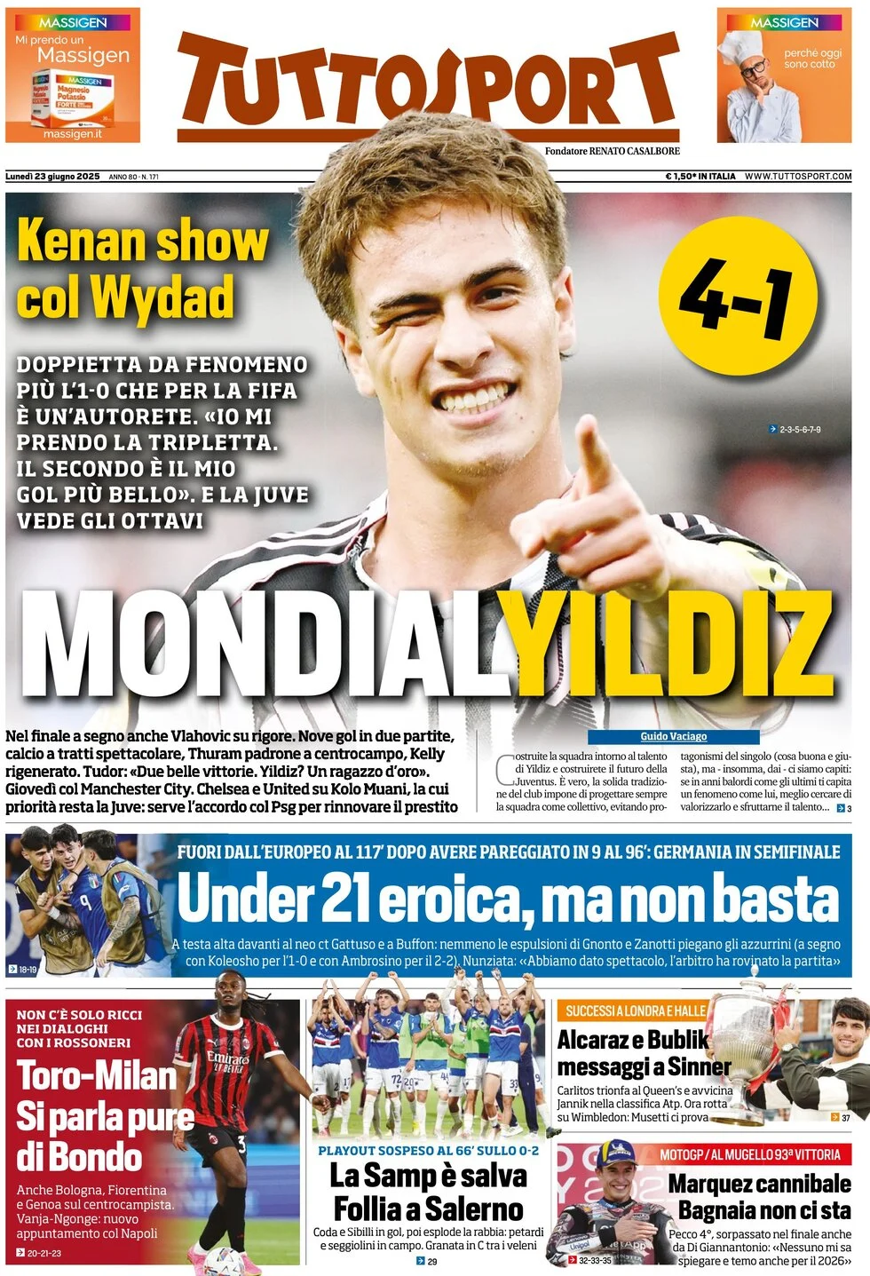 anteprima della prima pagina di tuttosport del 23/06/2025