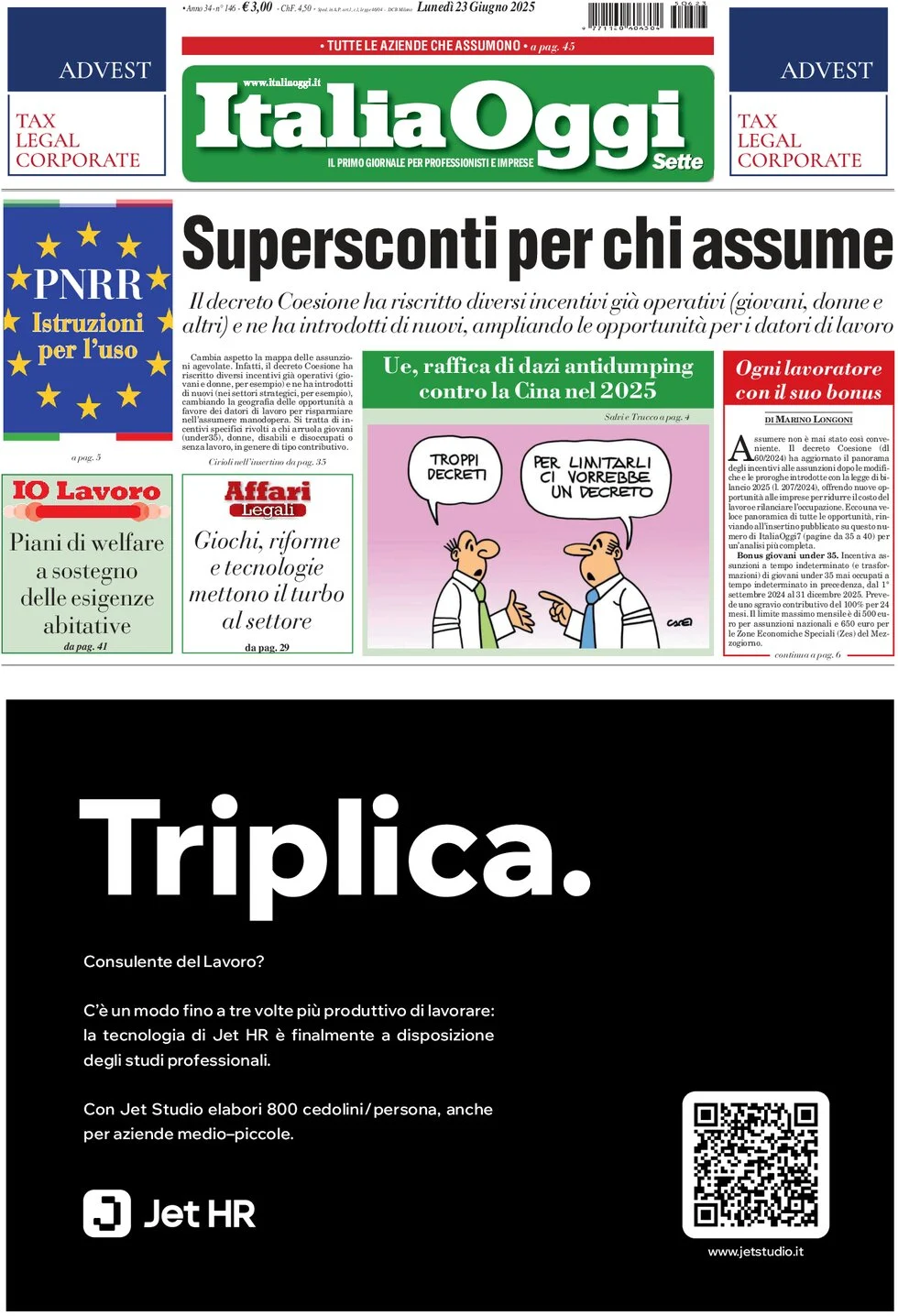anteprima della prima pagina di italiaoggi del 23/06/2025
