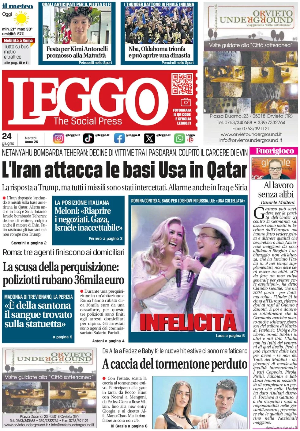 anteprima della prima pagina di leggo-roma del 24/06/2025