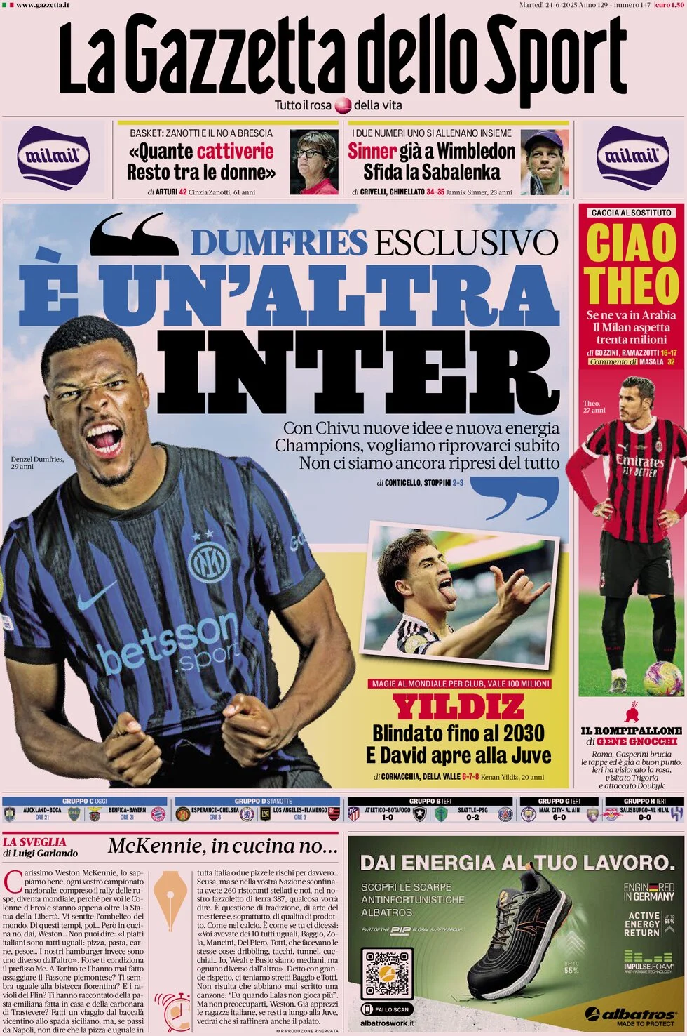anteprima della prima pagina di la-gazzetta-dello-sport del 24/06/2025