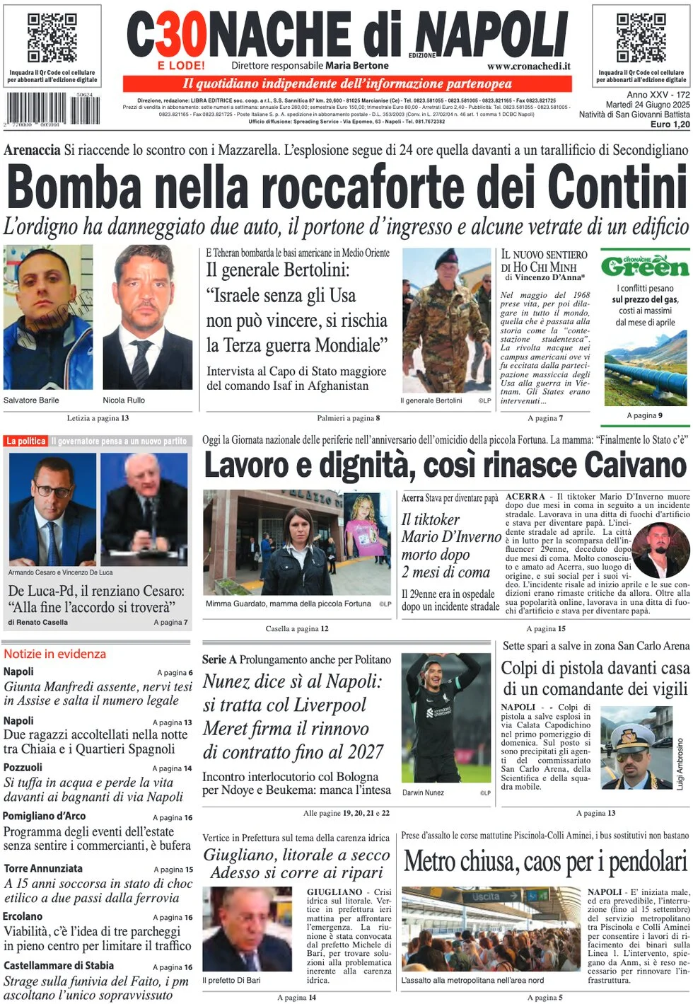 anteprima della prima pagina di cronache-di-napoli del 24/06/2025