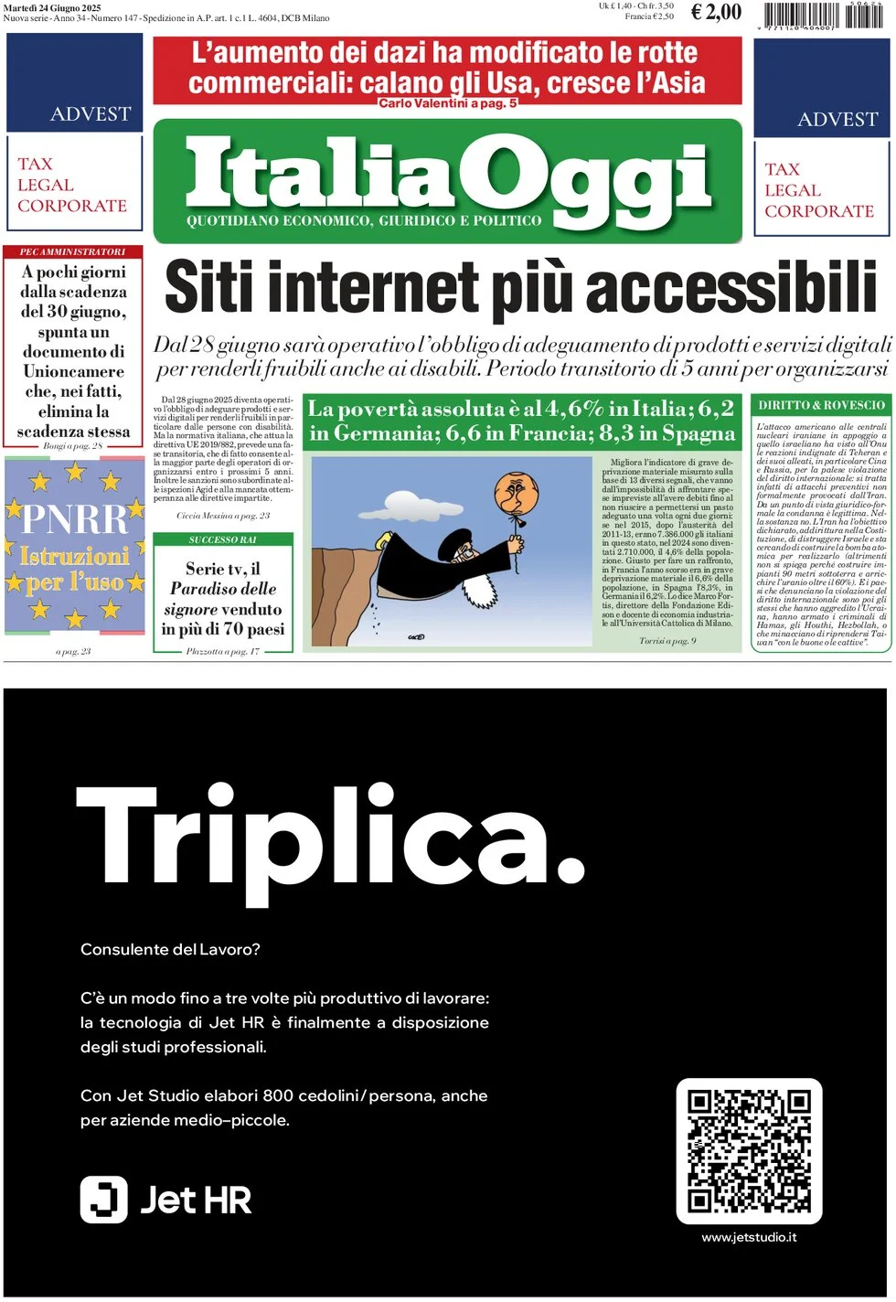 anteprima della prima pagina di italiaoggi del 24/06/2025