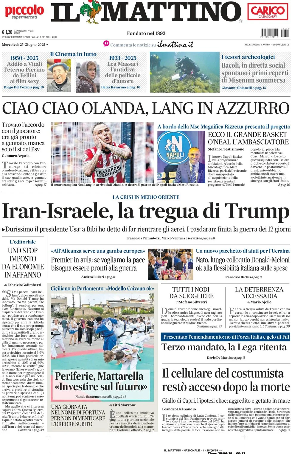 anteprima della prima pagina di il-mattino del 25/06/2025