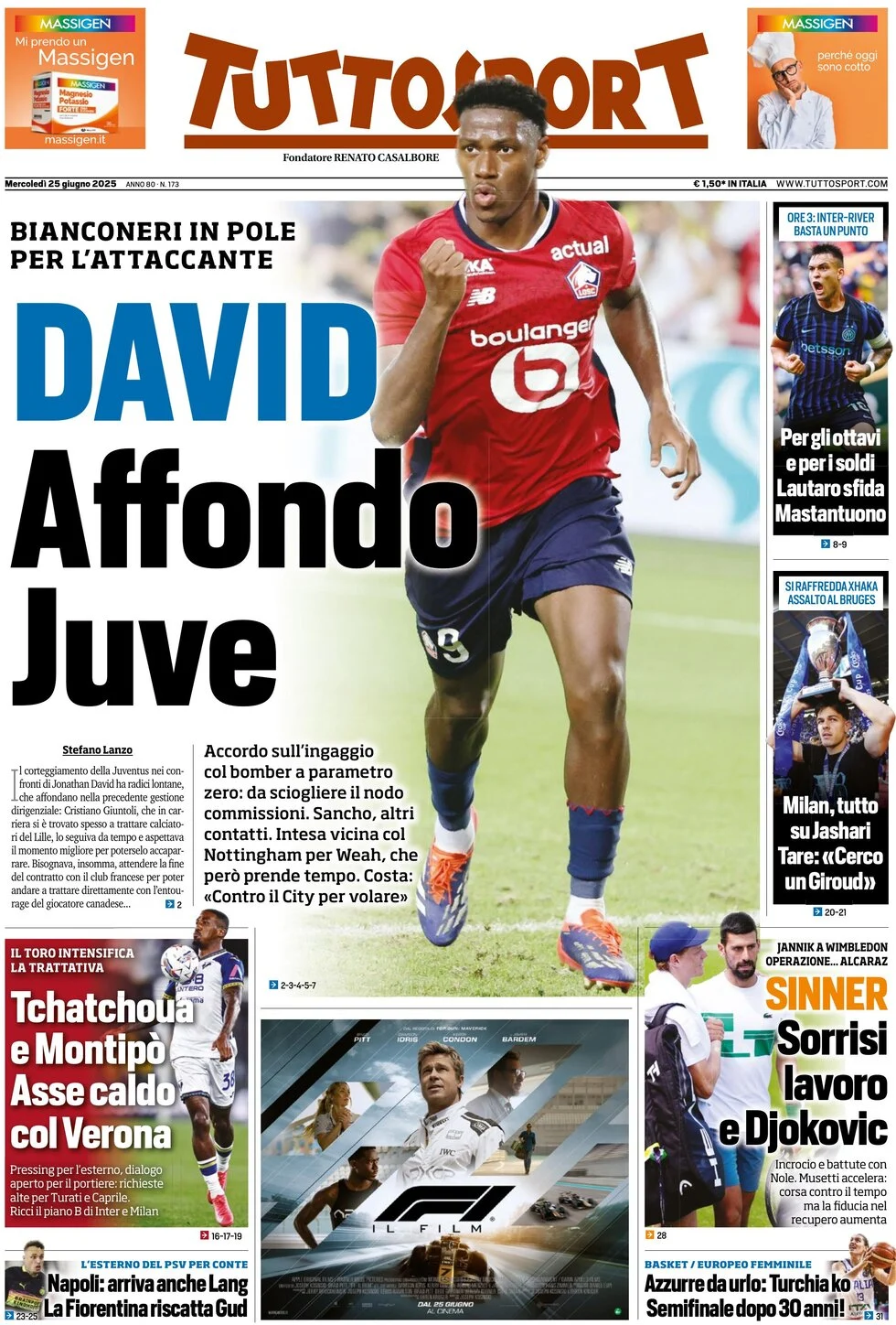 anteprima della prima pagina di tuttosport del 25/06/2025