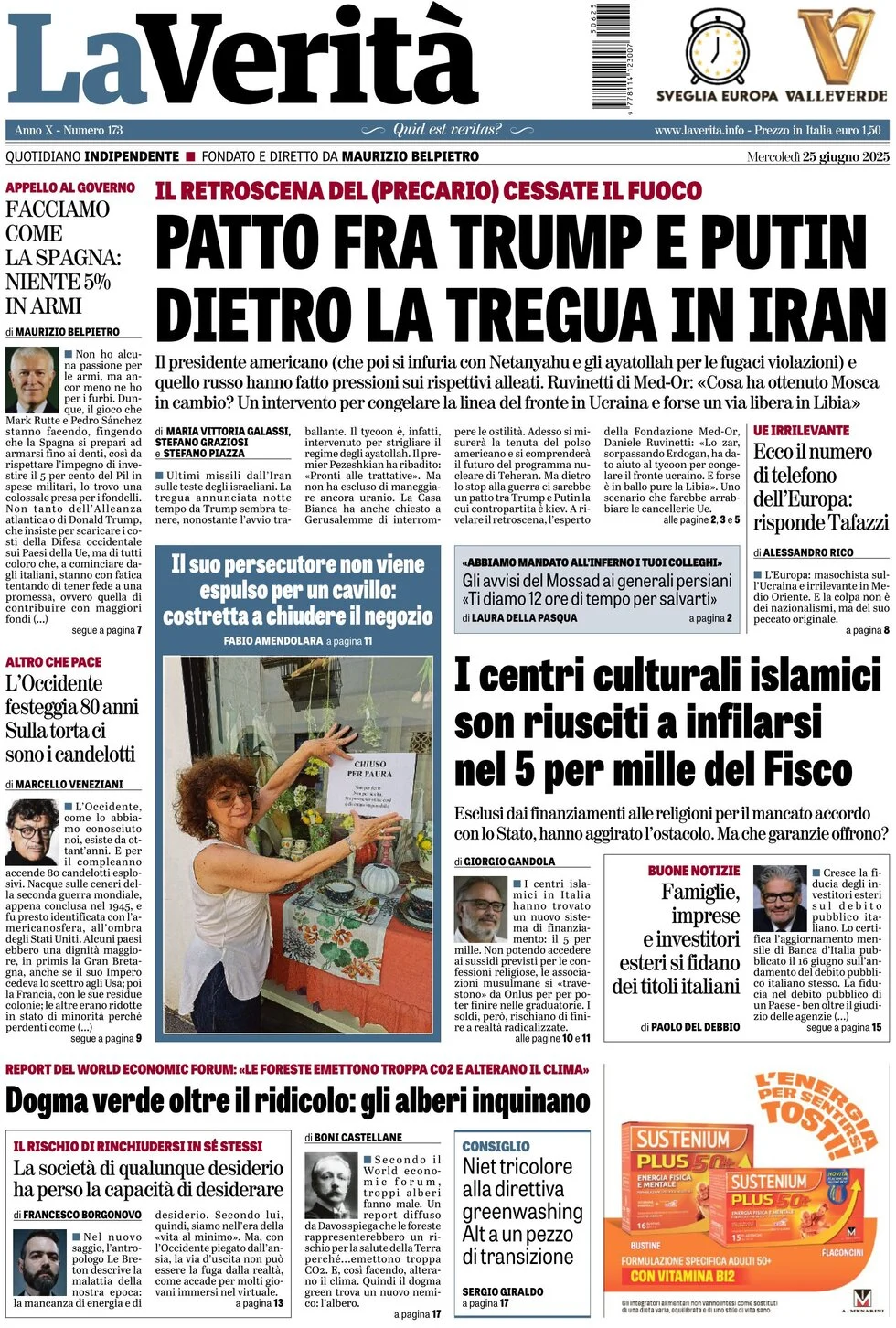 anteprima della prima pagina di la-verit del 25/06/2025
