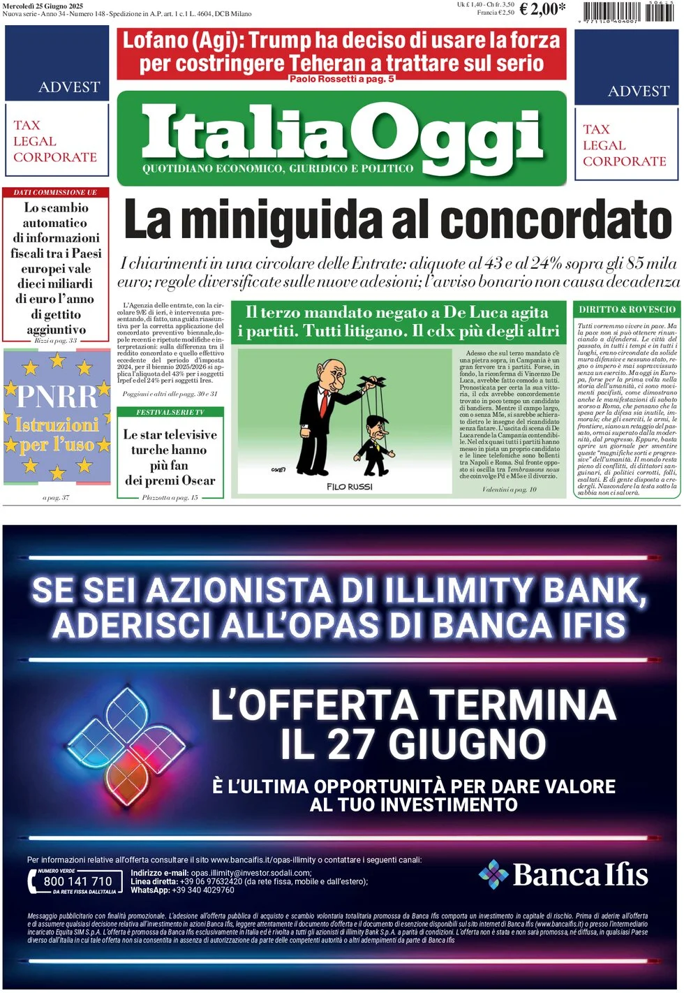 anteprima della prima pagina di italiaoggi del 25/06/2025