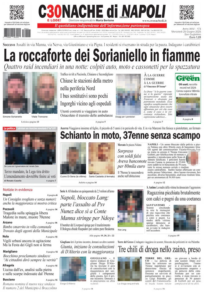 anteprima della prima pagina di cronache-di-napoli del 25/06/2025