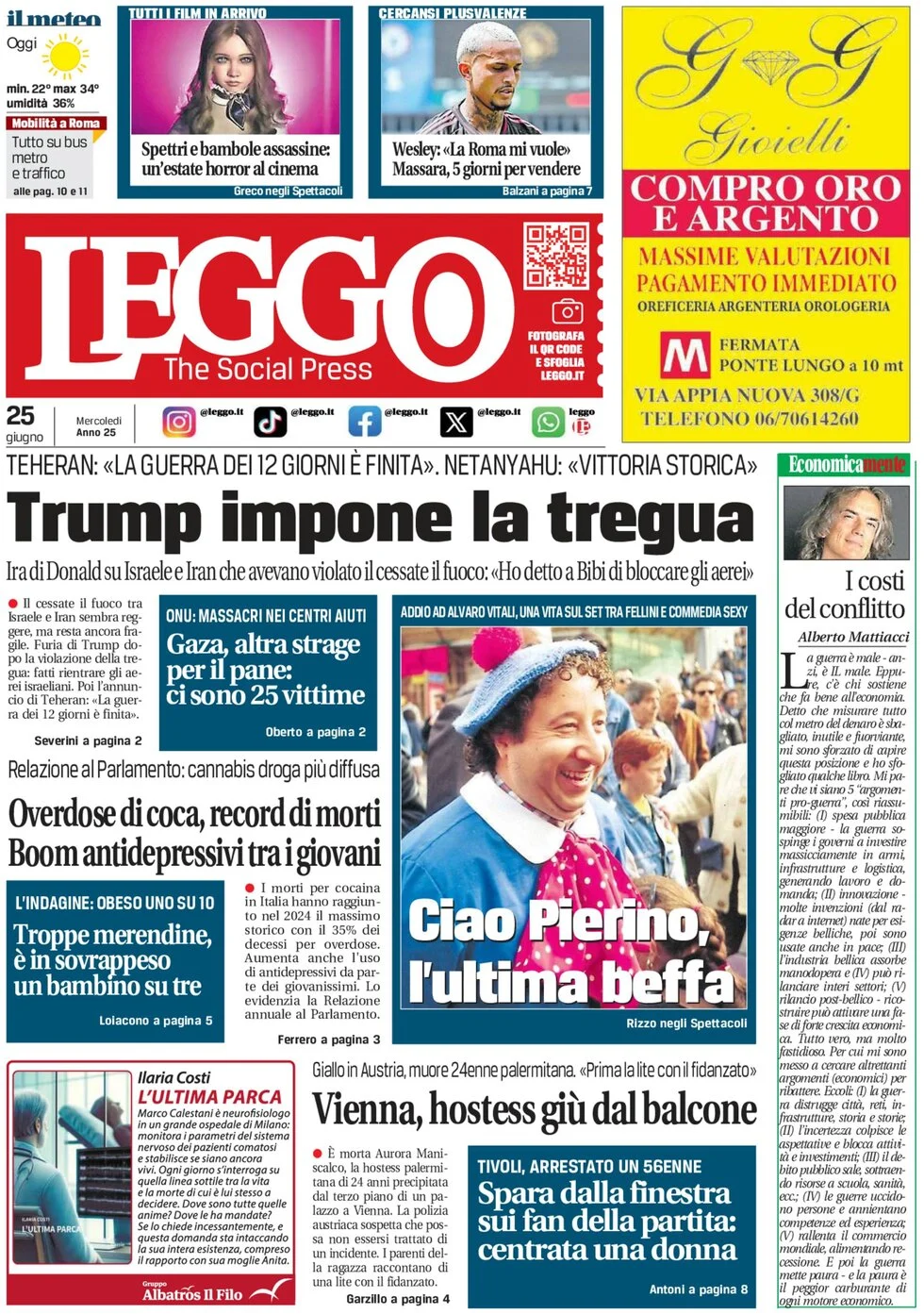 anteprima della prima pagina di leggo-roma del 25/06/2025