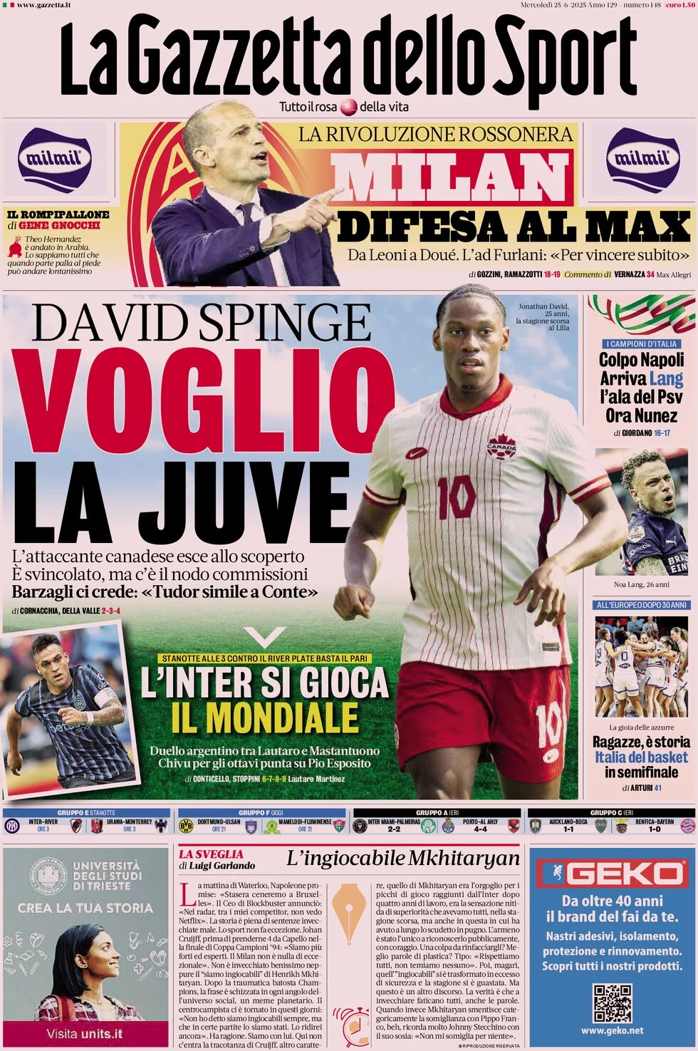 anteprima della prima pagina di la-gazzetta-dello-sport del 25/06/2025