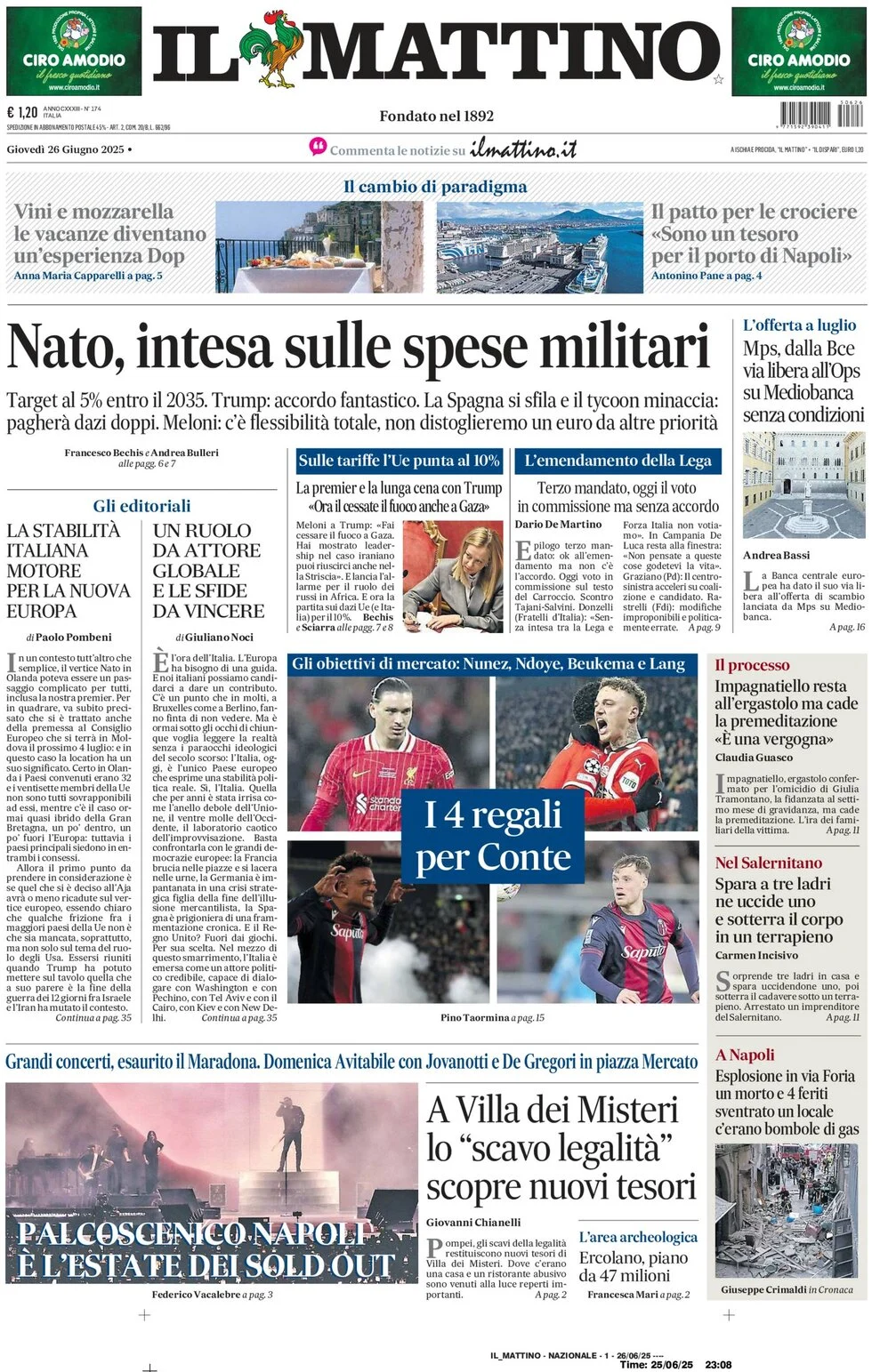 anteprima della prima pagina di il-mattino del 26/06/2025
