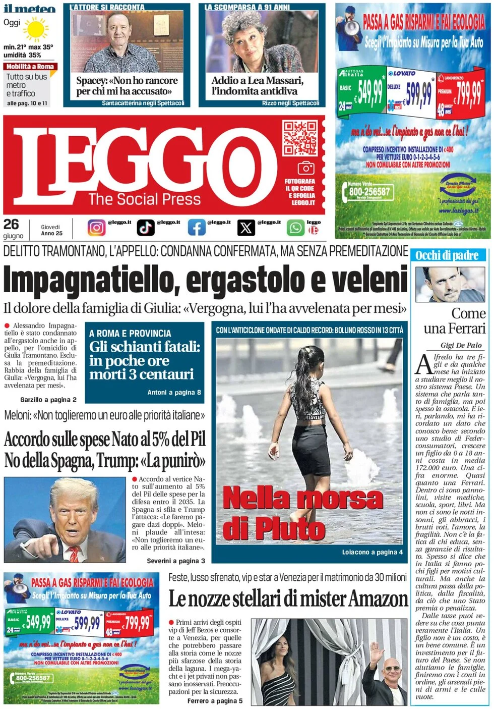 anteprima della prima pagina di leggo-roma del 26/06/2025