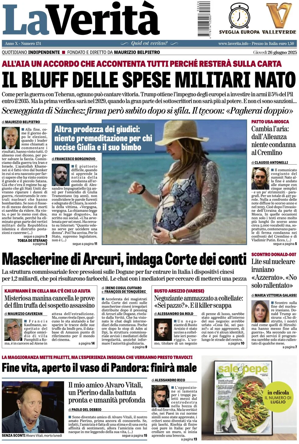 anteprima della prima pagina di la-verit del 26/06/2025