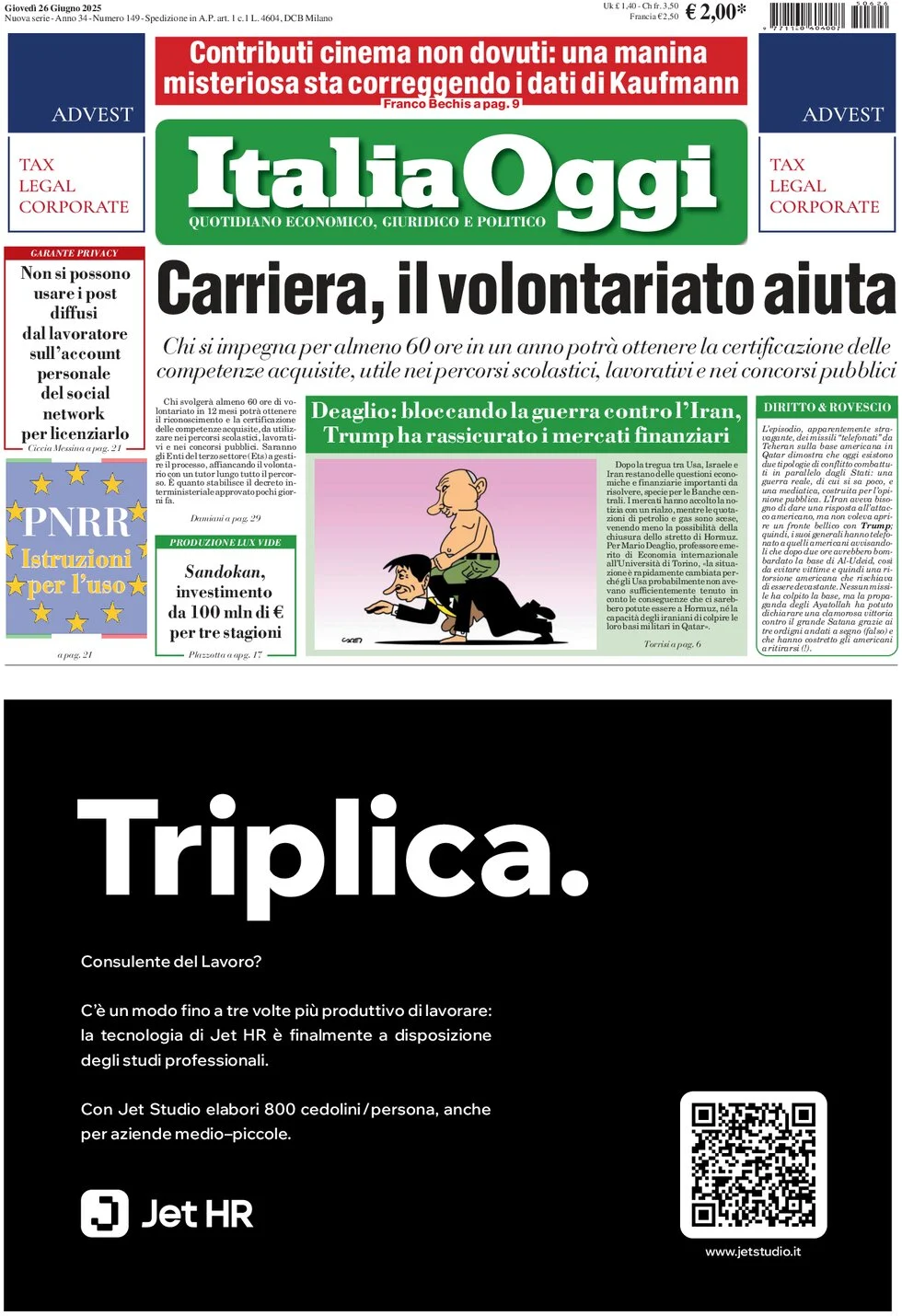 anteprima della prima pagina di italiaoggi del 26/06/2025