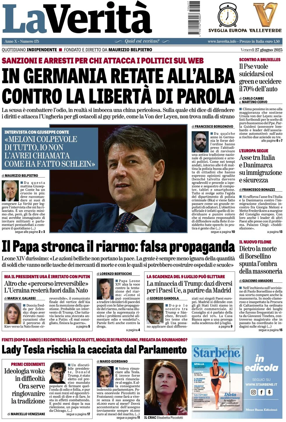 anteprima della prima pagina di la-verit del 27/06/2025