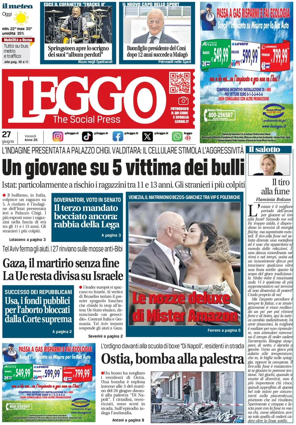 anteprima della prima pagina di leggo-roma del 27/06/2025