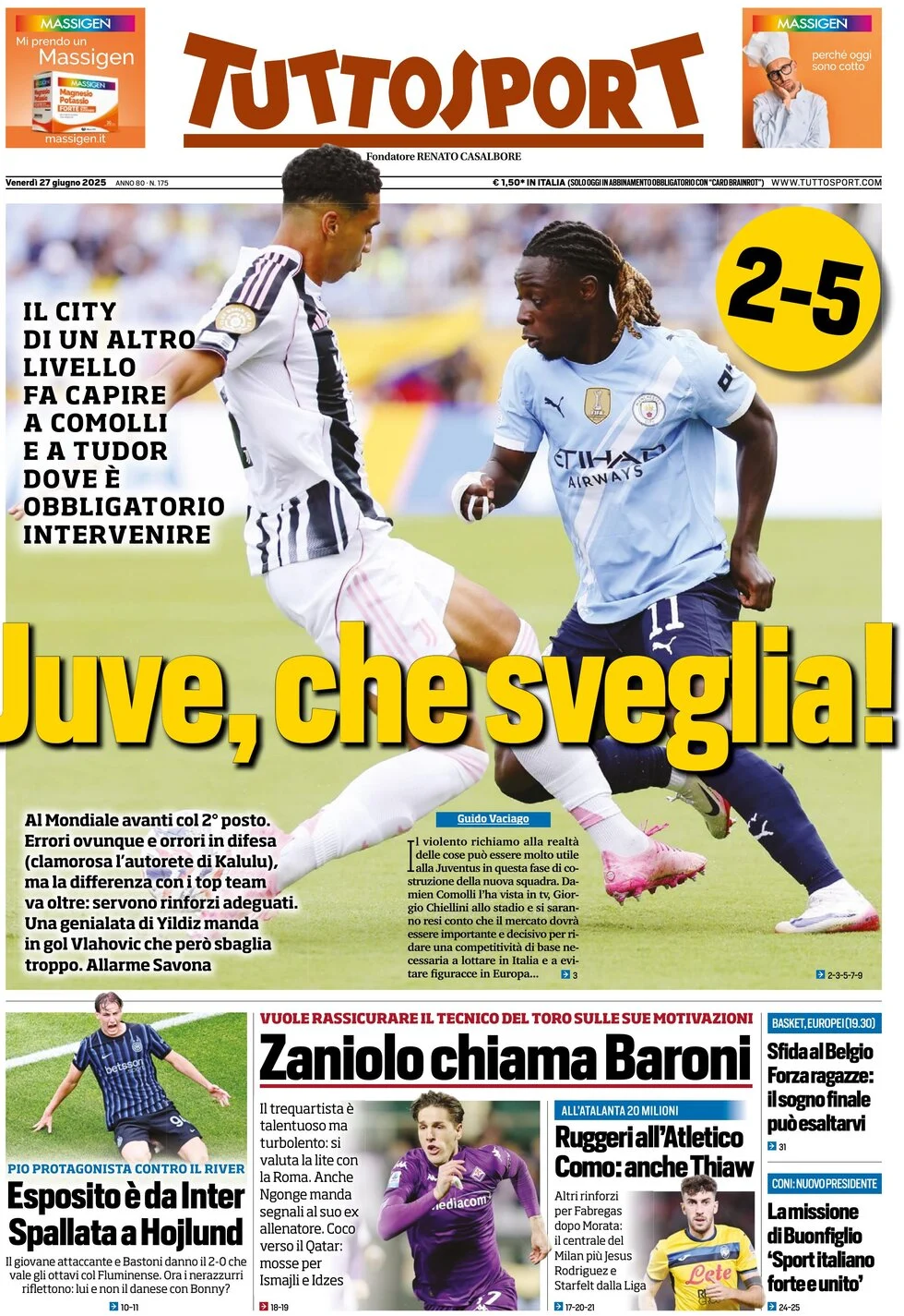 anteprima della prima pagina di tuttosport del 27/06/2025