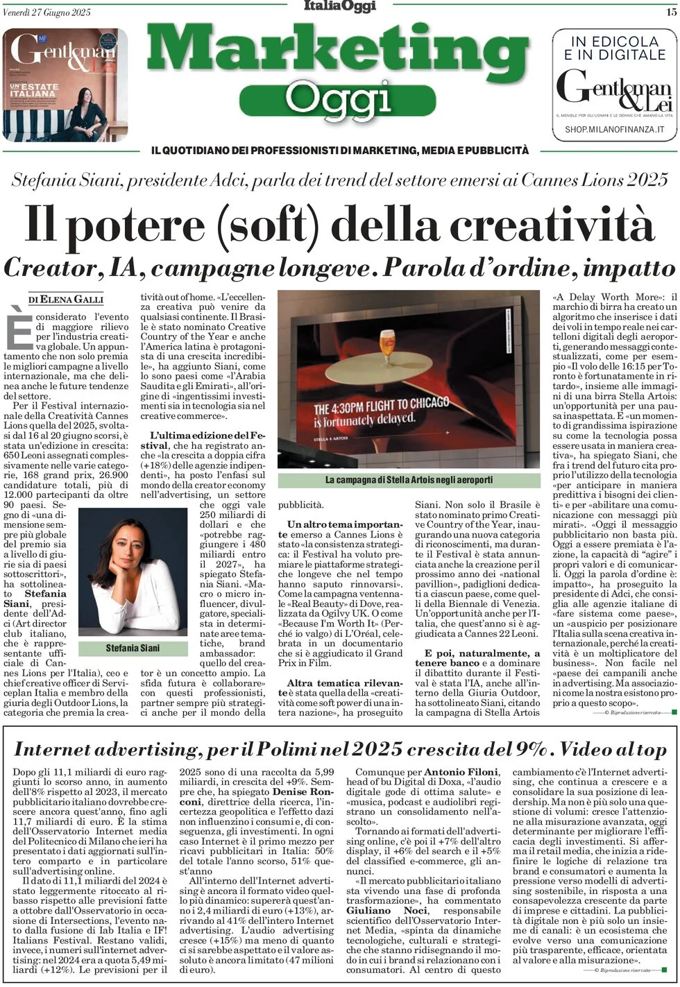 anteprima della prima pagina di marketing-oggi del 27/06/2025