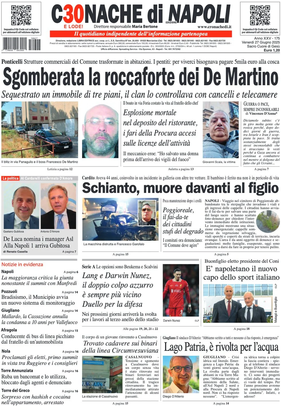 anteprima della prima pagina di cronache-di-napoli del 27/06/2025