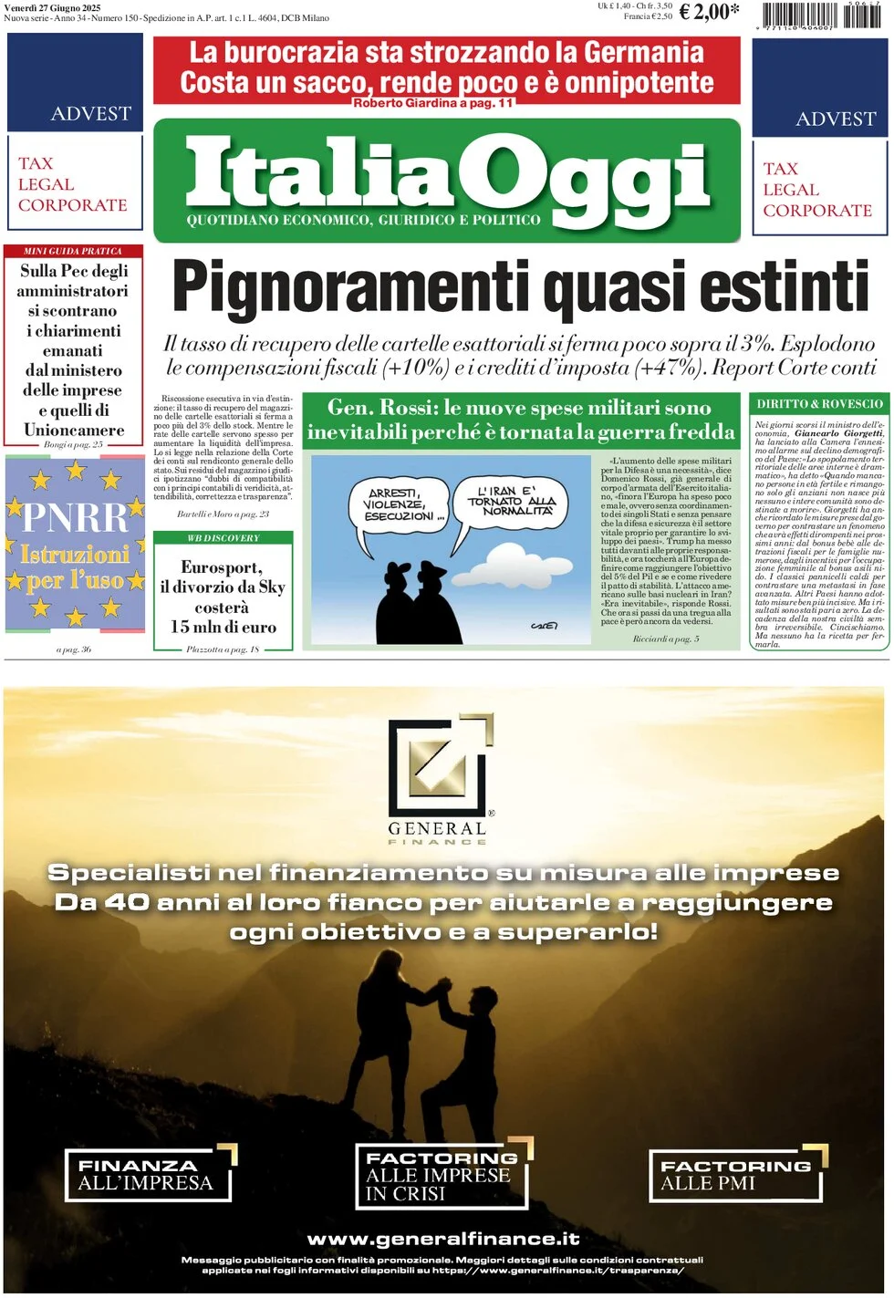 anteprima della prima pagina di italiaoggi del 27/06/2025