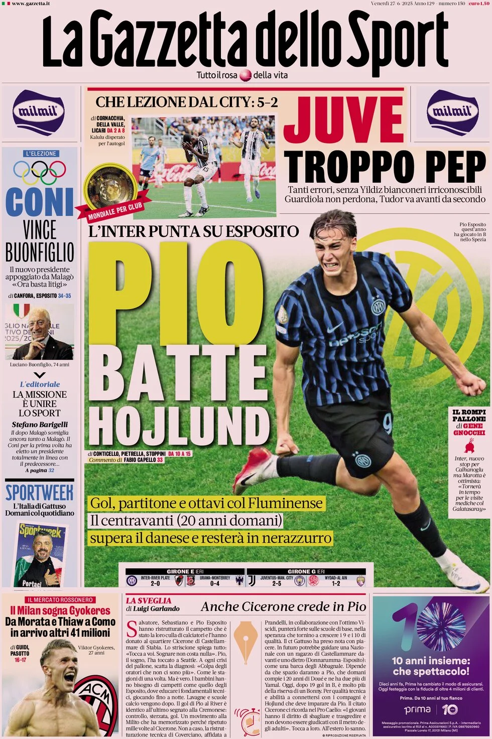 anteprima della prima pagina di la-gazzetta-dello-sport del 27/06/2025