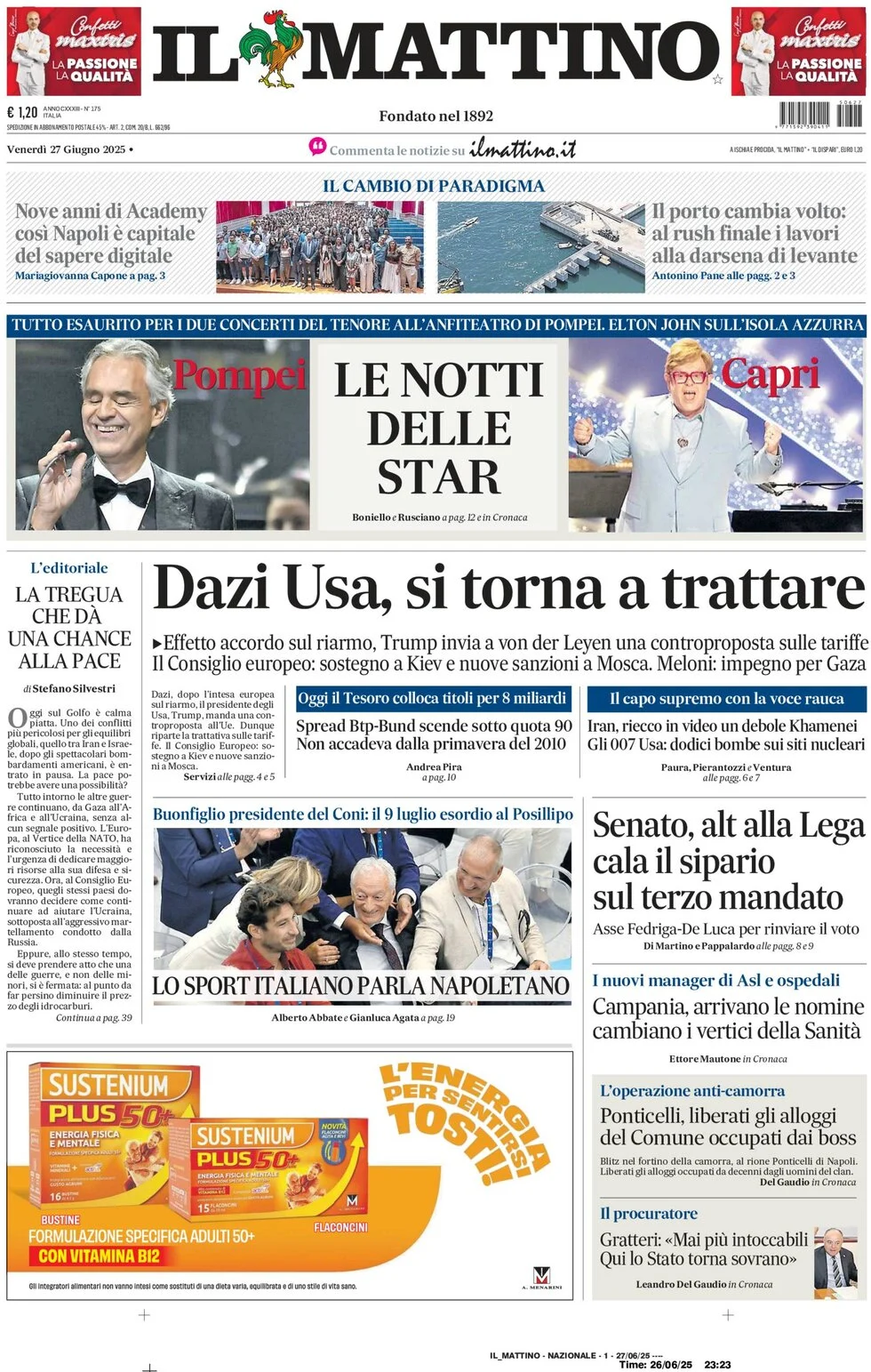 anteprima della prima pagina di il-mattino del 27/06/2025