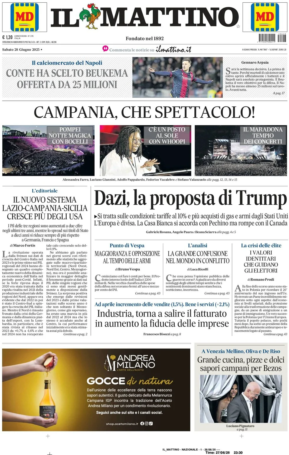 anteprima della prima pagina di il-mattino del 28/06/2025