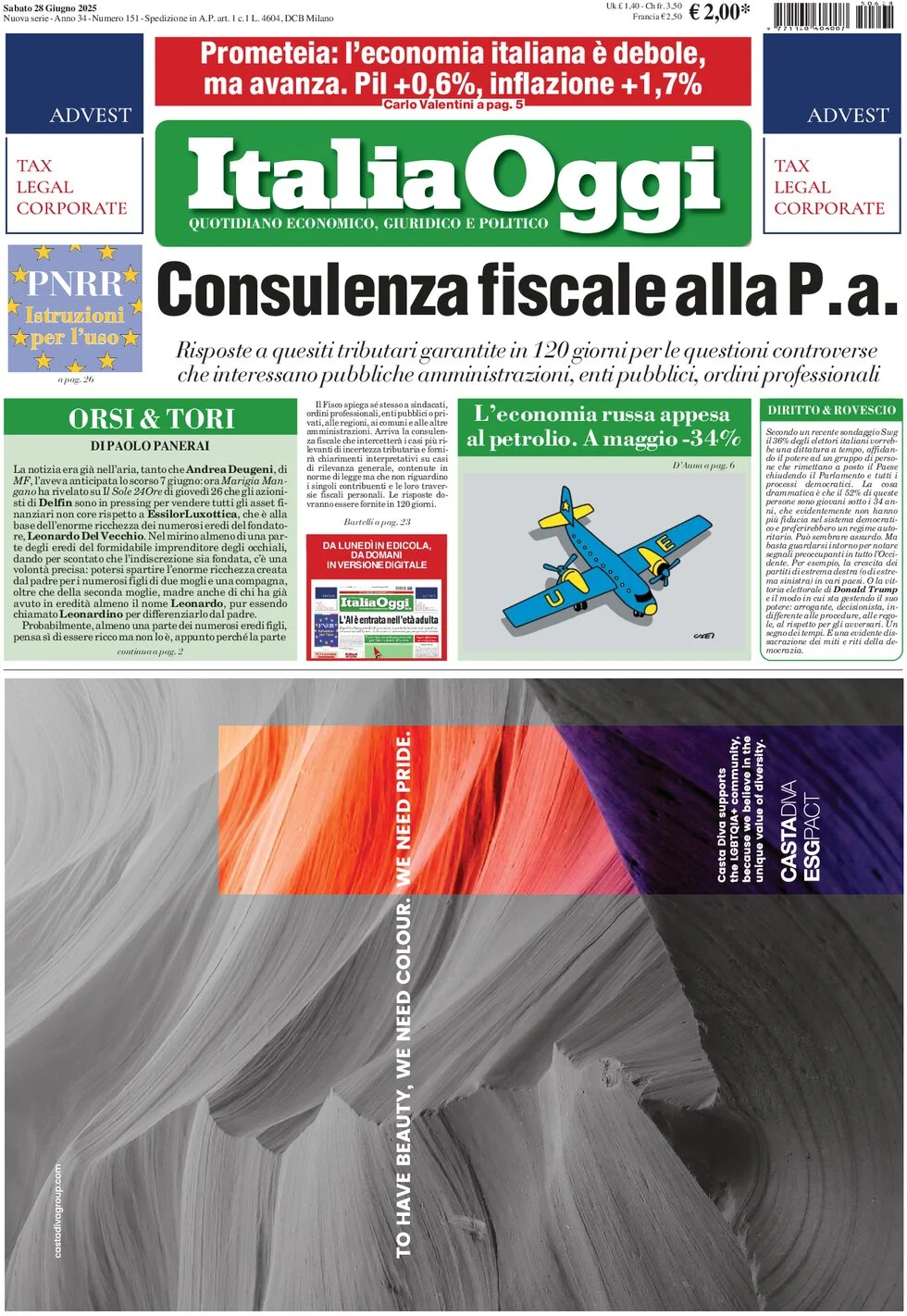 anteprima della prima pagina di italiaoggi del 28/06/2025