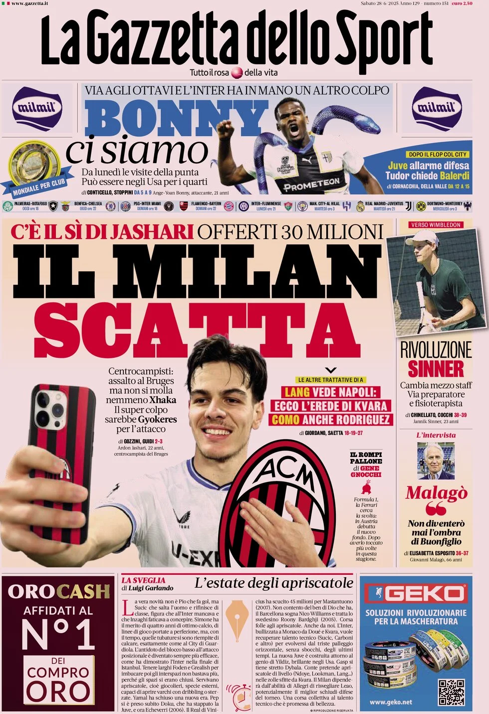anteprima della prima pagina di la-gazzetta-dello-sport del 28/06/2025