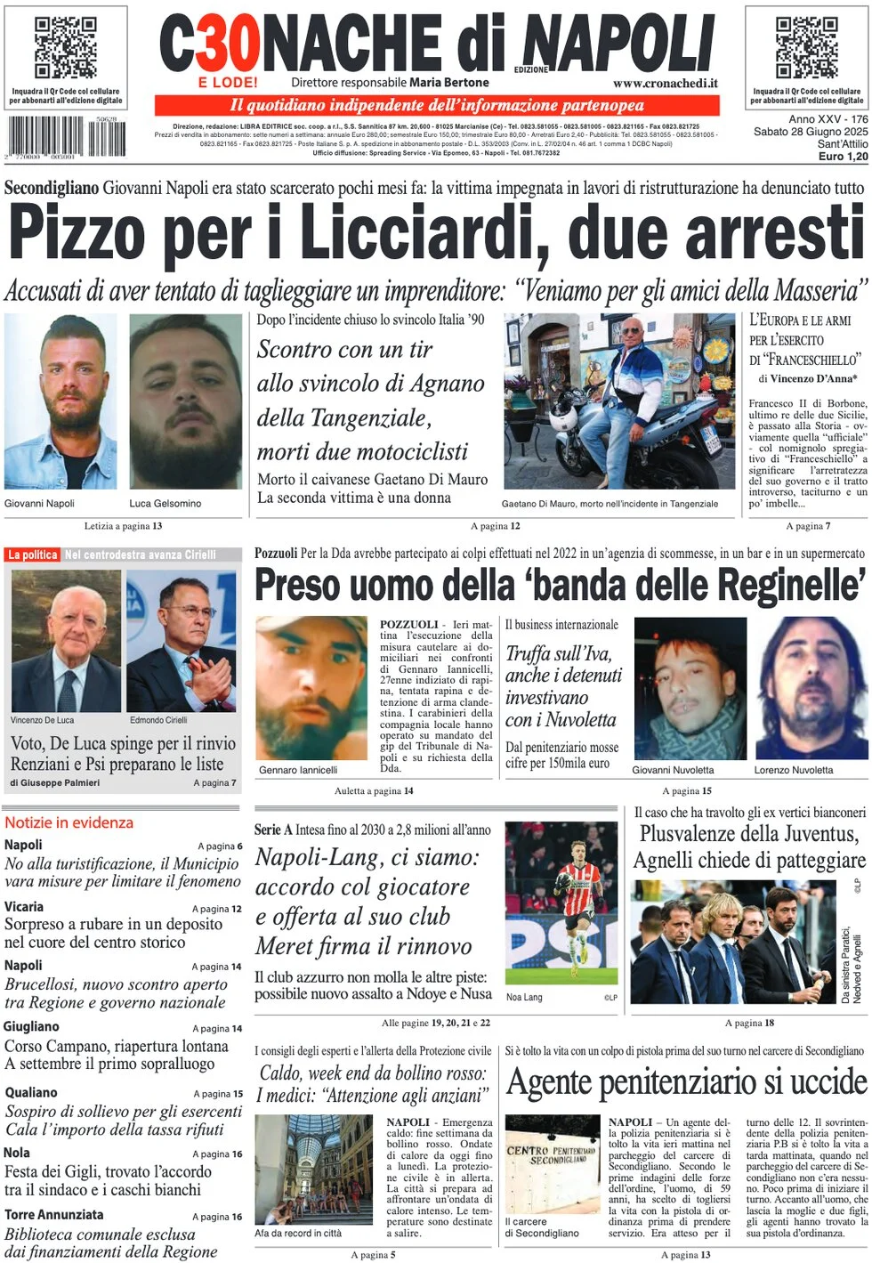 anteprima della prima pagina di cronache-di-napoli del 28/06/2025