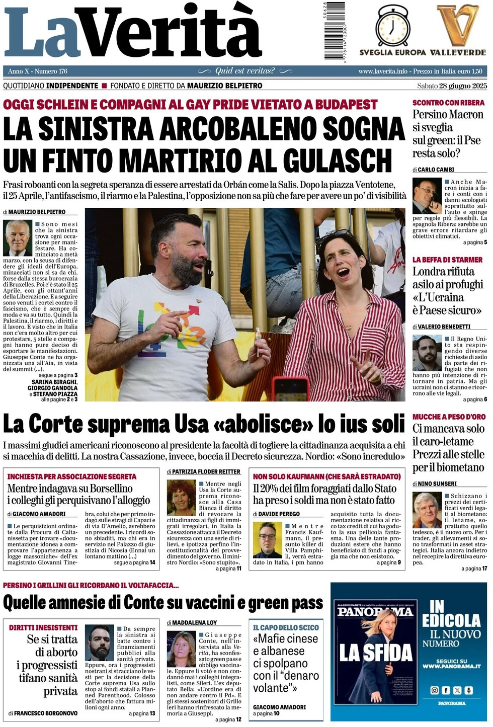 anteprima della prima pagina di la-verit del 28/06/2025