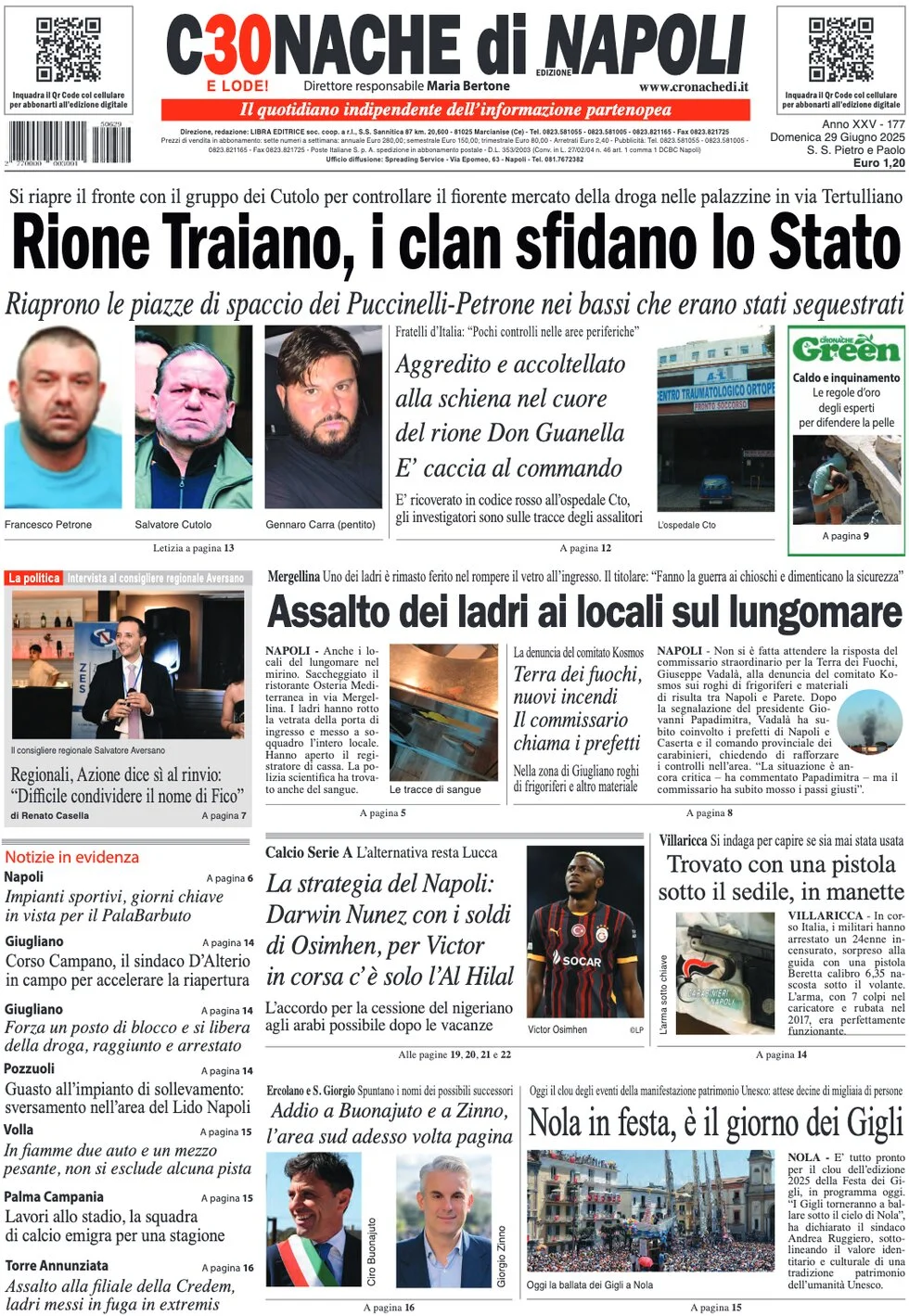 anteprima della prima pagina di cronache-di-napoli del 29/06/2025