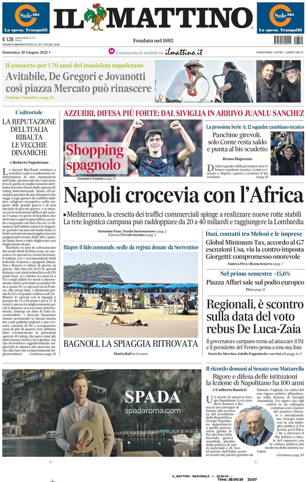 anteprima della prima pagina di il-mattino del 29/06/2025