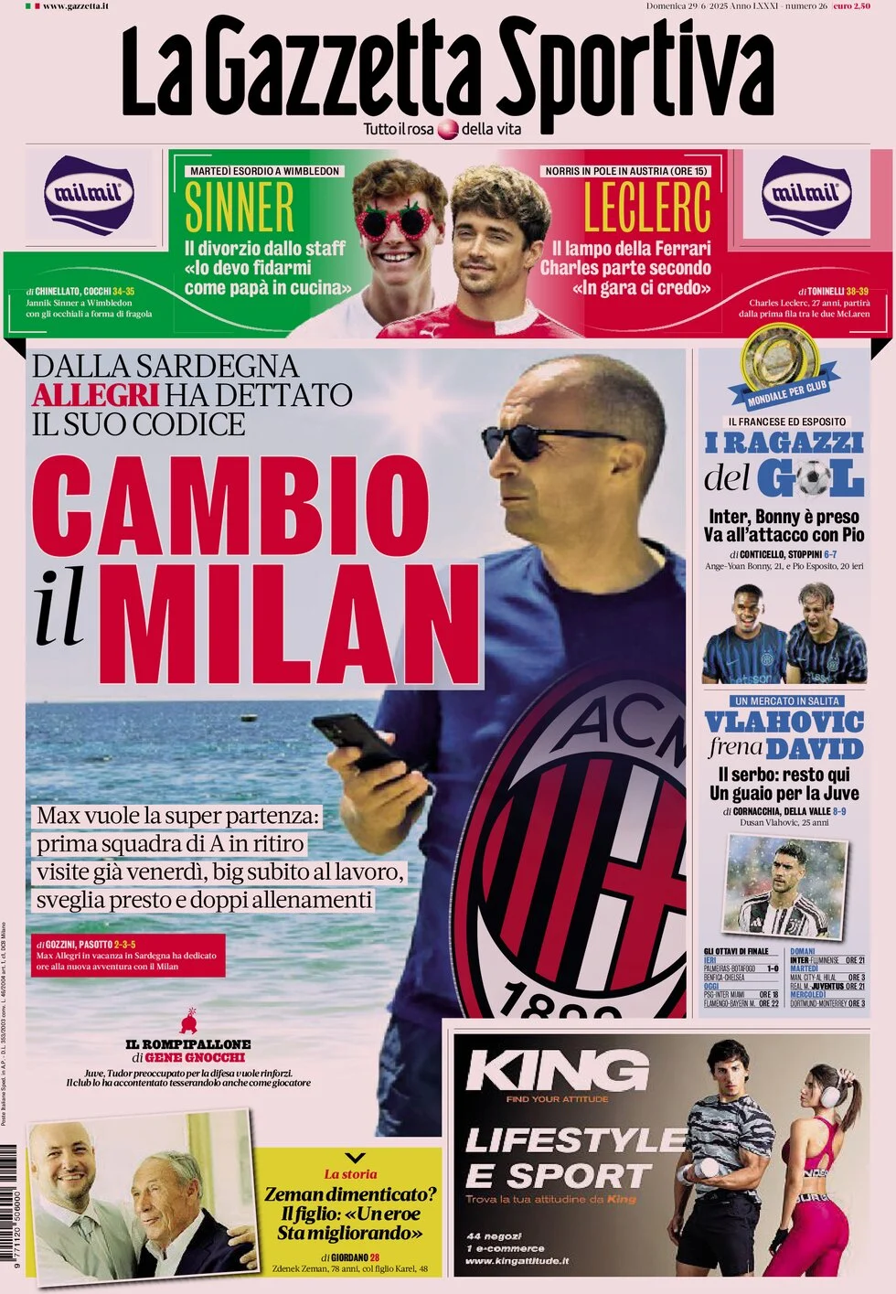 anteprima della prima pagina di la-gazzetta-dello-sport del 29/06/2025