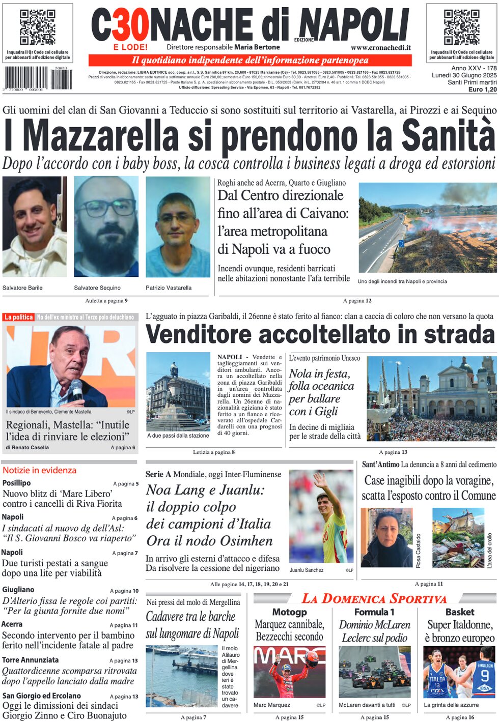 anteprima della prima pagina di cronache-di-napoli del 30/06/2025