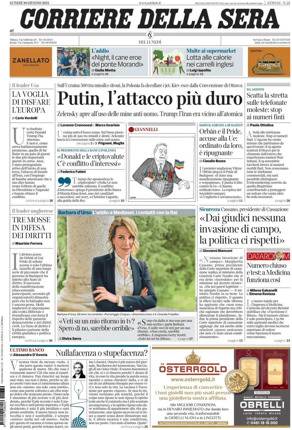 anteprima della prima pagina di corriere-della-sera del 30/06/2025