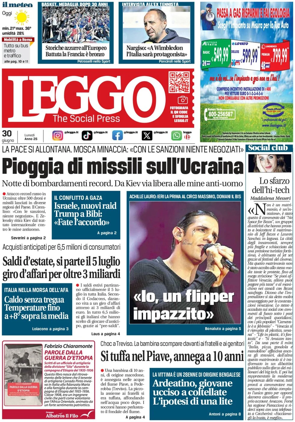 anteprima della prima pagina di leggo-roma del 30/06/2025