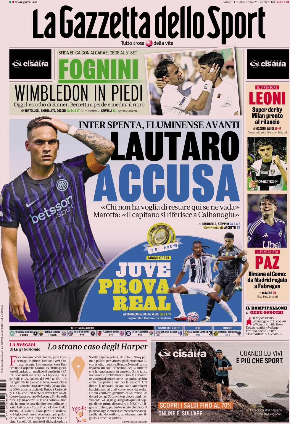 anteprima della prima pagina di la-gazzetta-dello-sport del 01/07/2025